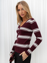 Burgundy fitted sweater with a V-neck.