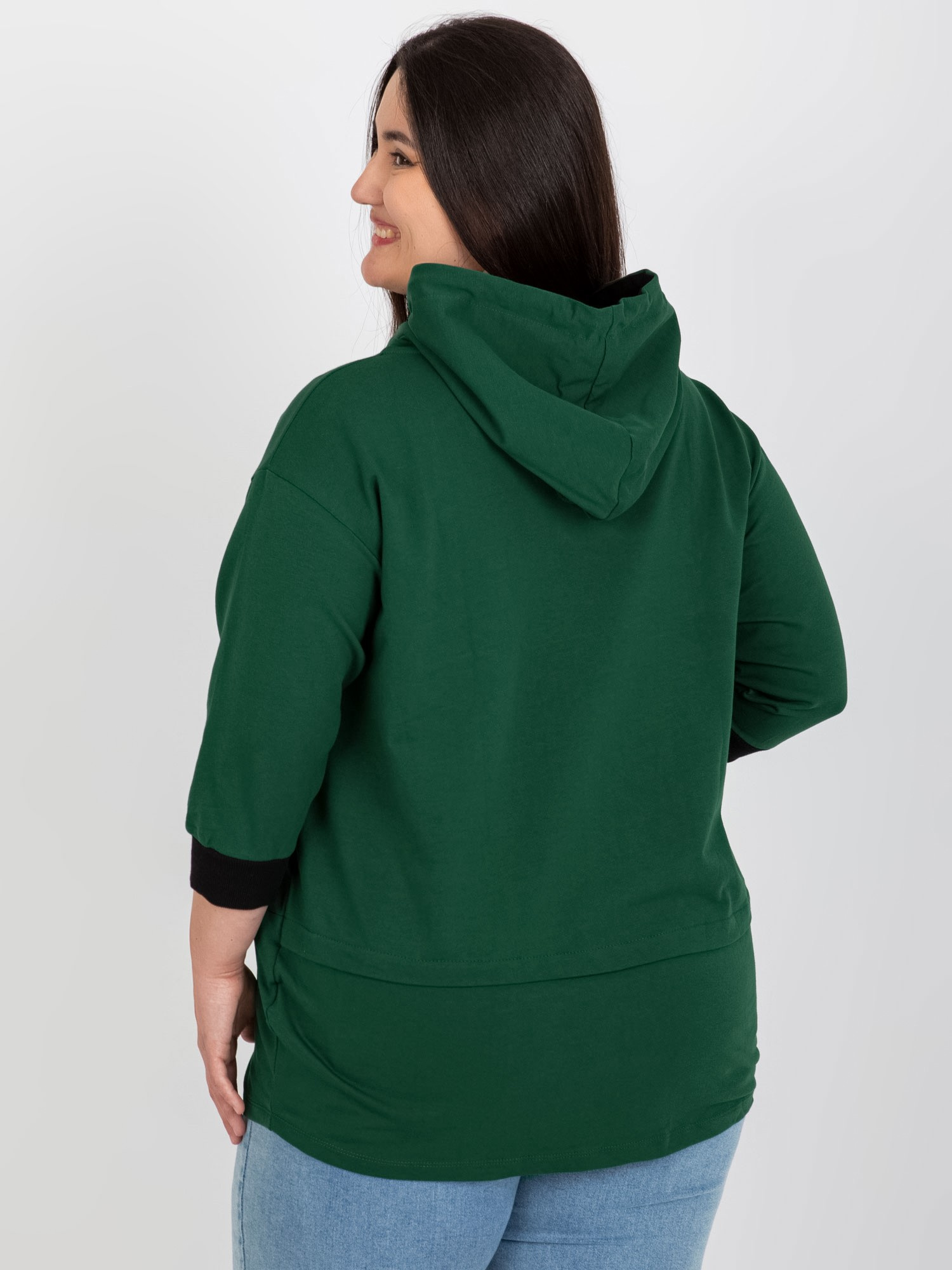 Didmeninė tamsiai žalia plus size džemperis su gobtuvu.