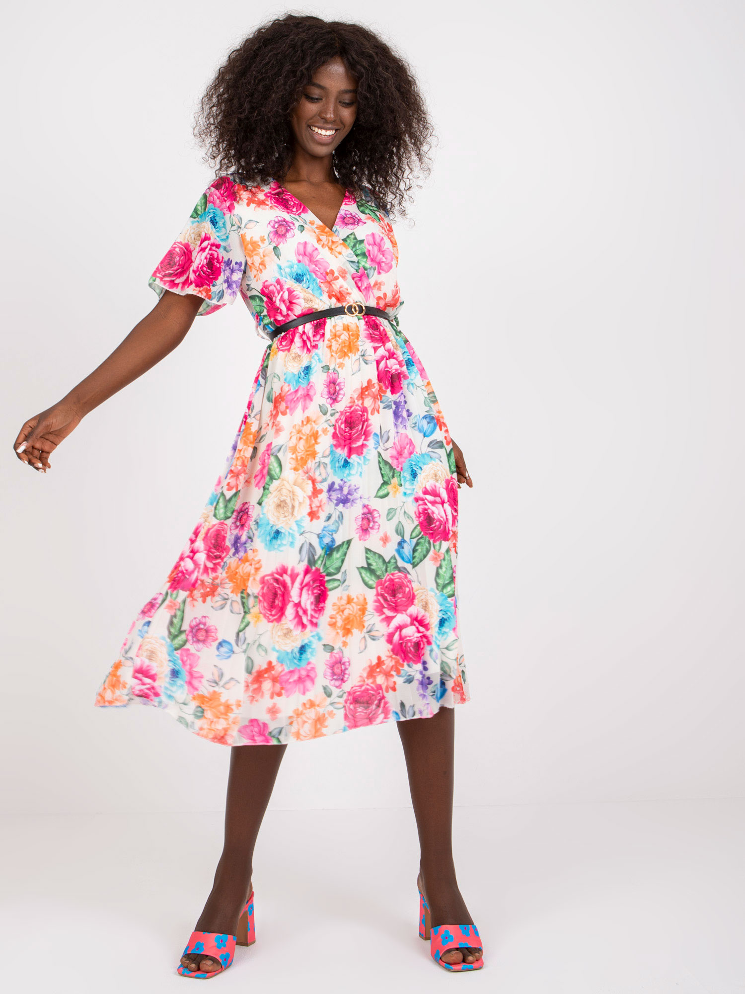 Light beige dress with floral print and belt