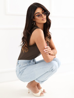 Brązowy damski top z koronką przy dekolcie