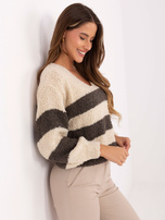 Light beige and graphite oversized sweater with a V-neck.