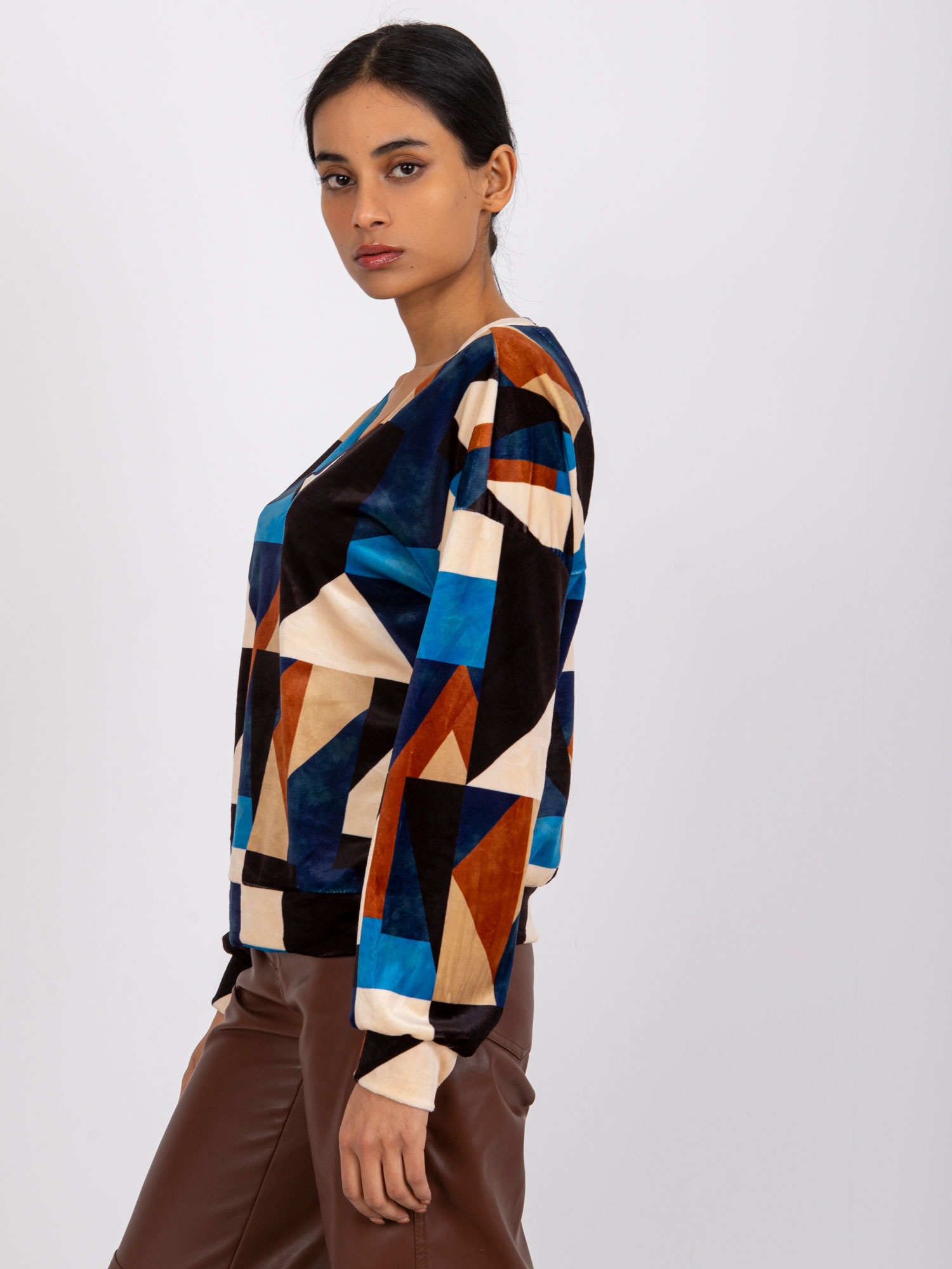 Liliana blue and brown patterned velor blouse