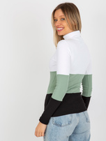 Hurt Ecru-pistacjowa damska prążkowana bluzka basic z golfem