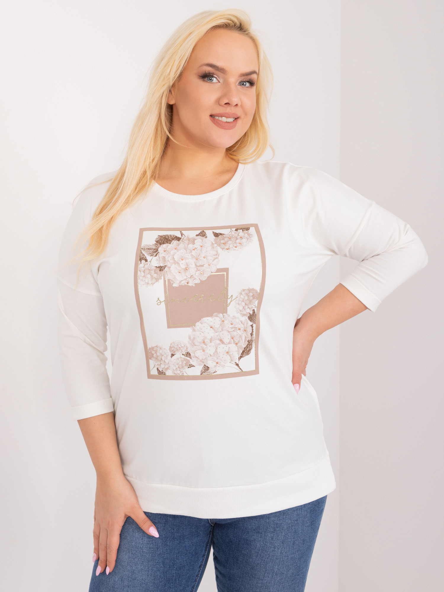 Hurt Ecru casual plus size blouse with print.