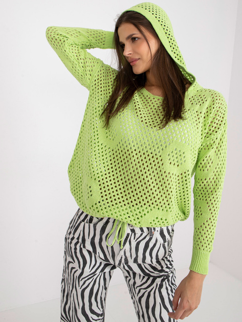 Jasnozielony ażurowy sweter oversize z kapturem RUE PARIS