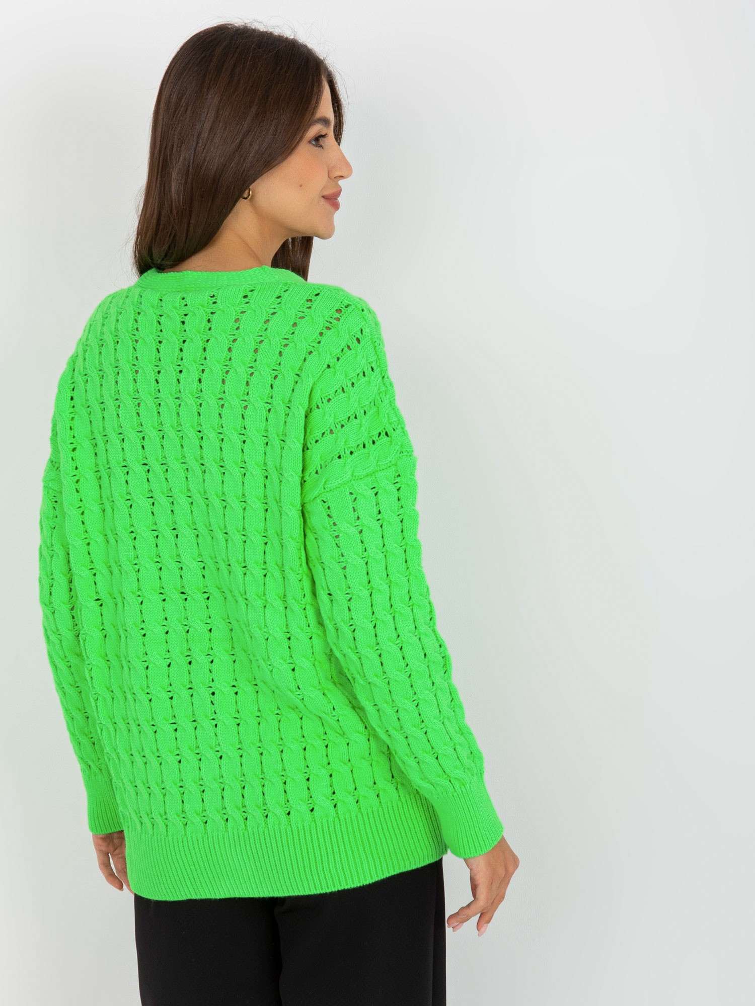 Fluo zielony ażurowy sweter rozpinany w warkocze RUE PARIS
