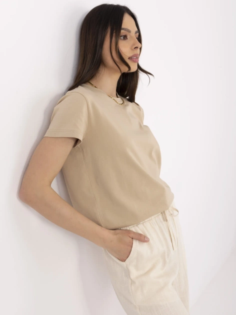Beżowy damski t-shirt z bawełny BASIC FEEL GOOD