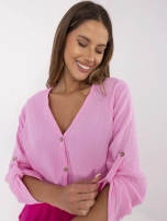 Pink muslin women's shirt with 3/4 sleeves.
