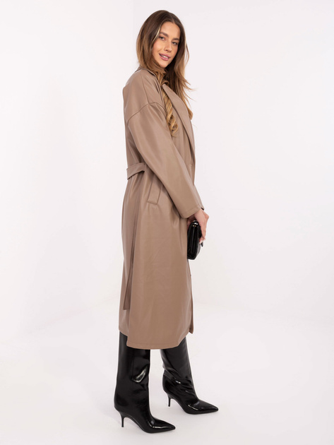 Ciemnobeżowy skórzany płaszcz z paskiem RUE PARIS