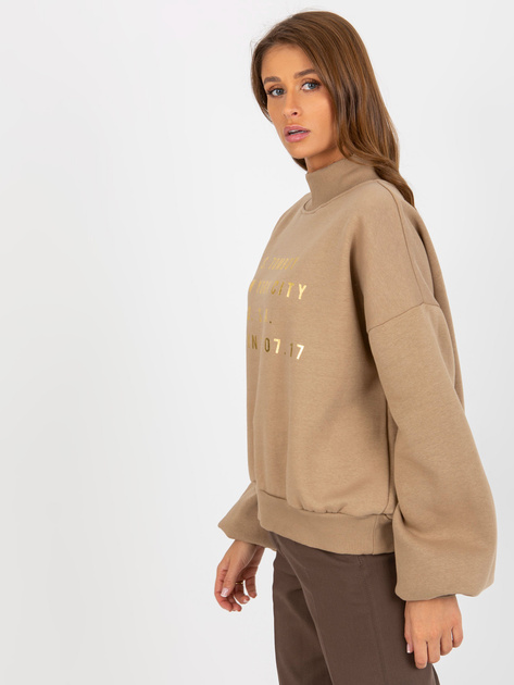 Hurt Ciemnobeżowa dresowa bluza z nadrukiem i golfem