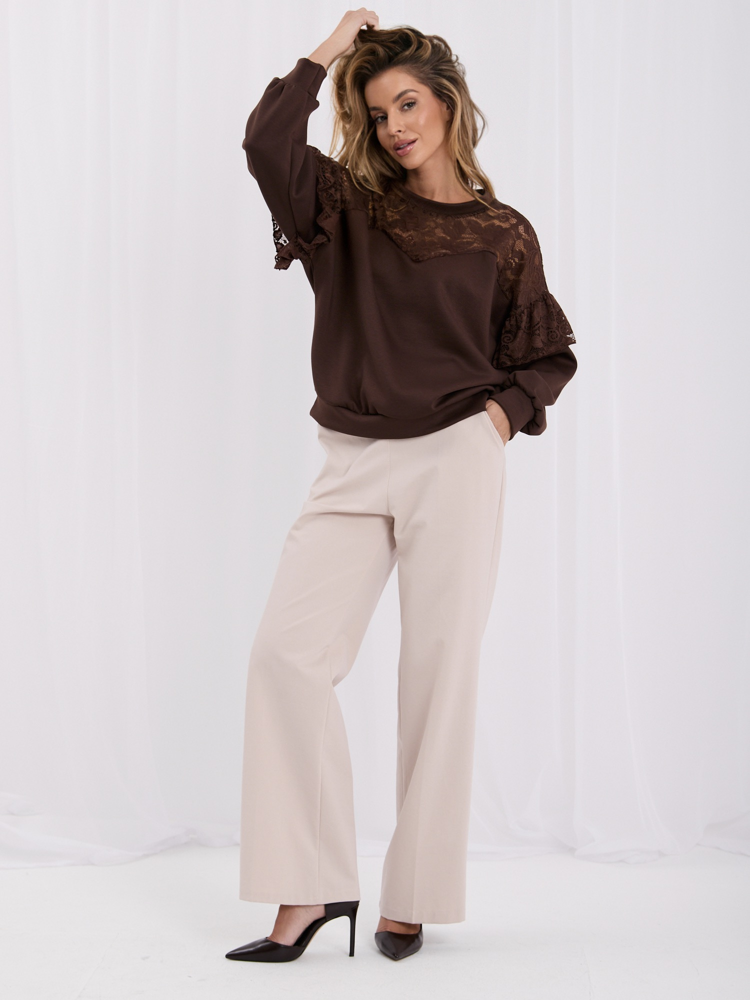 Brown women's sweatshirt with transparent lace.