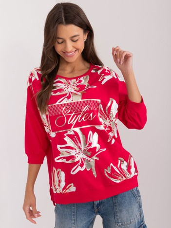 Hurtownia Czerwona damska bluzka z błyszczącym nadrukiem
