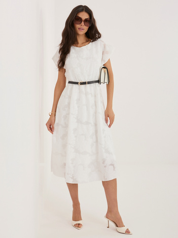 Biała  rozkloszowana sukienka z paskiem RUE PARIS