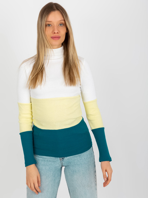 Hurt Ecru-jasnożółta prążkowana bluzka basic z golfem w prążek