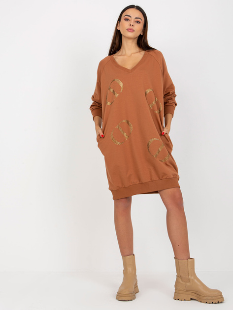 Hurt Jasnobrązowa długa bluza one size z aplikacją z dżetów 