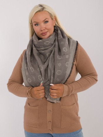 Hurt gray-beige large women's scarf made of knit with a pattern.