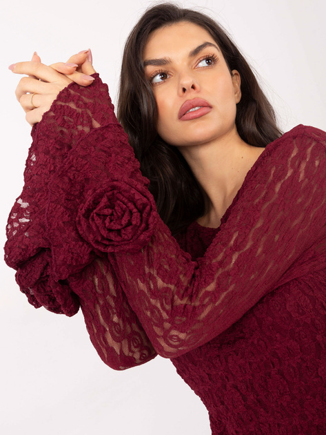 Burgundowa koronkowa bluzka z rękawem typu dzwon