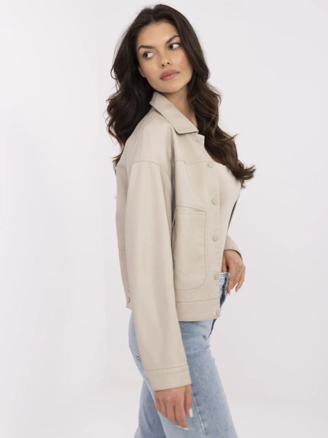 Beżowa kurtka z ekoskóry z kołnierzykiem