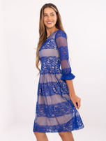 Hurt Kobaltowa midi sukienka koktajlowa z koronką i paskiem