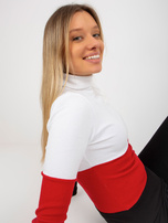 Hurtownia Ecru-czerwona prążkowana bluzka basic z golfem