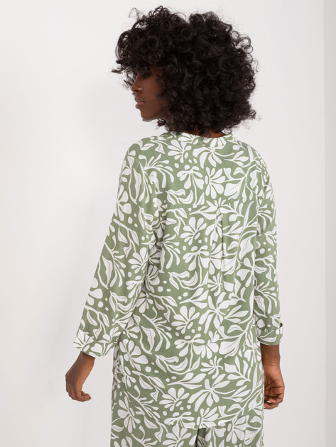 Hurtownia Khaki-biała luźna bluzka z roślinnym printem SUBLEVEL