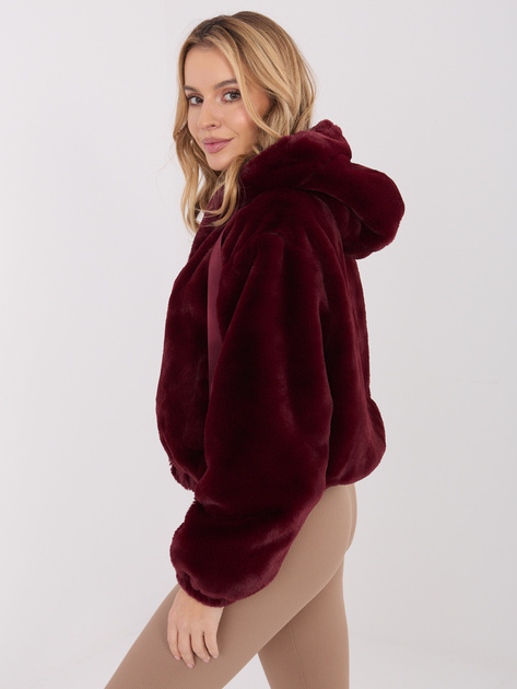 Bordowa futrzana kurtka z kapturem