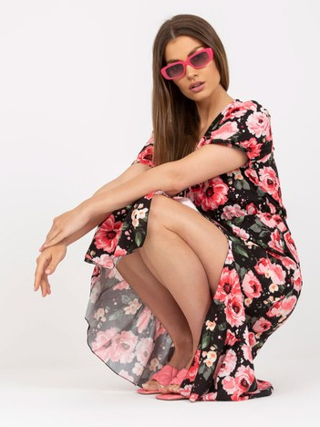 Czarna midi sukienka z kwiatowym printem i falbaną