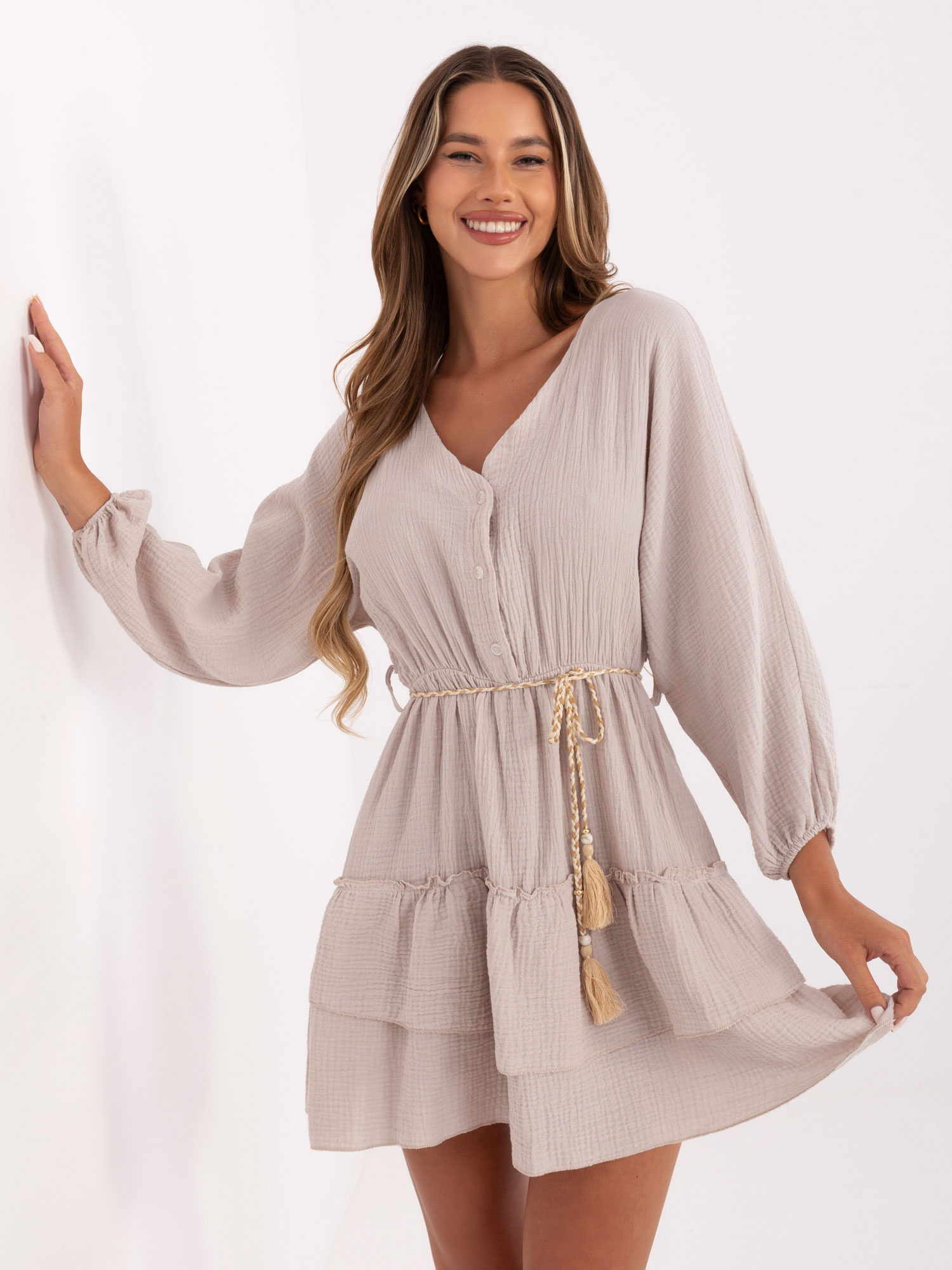 Beige boho dress made of muslin.