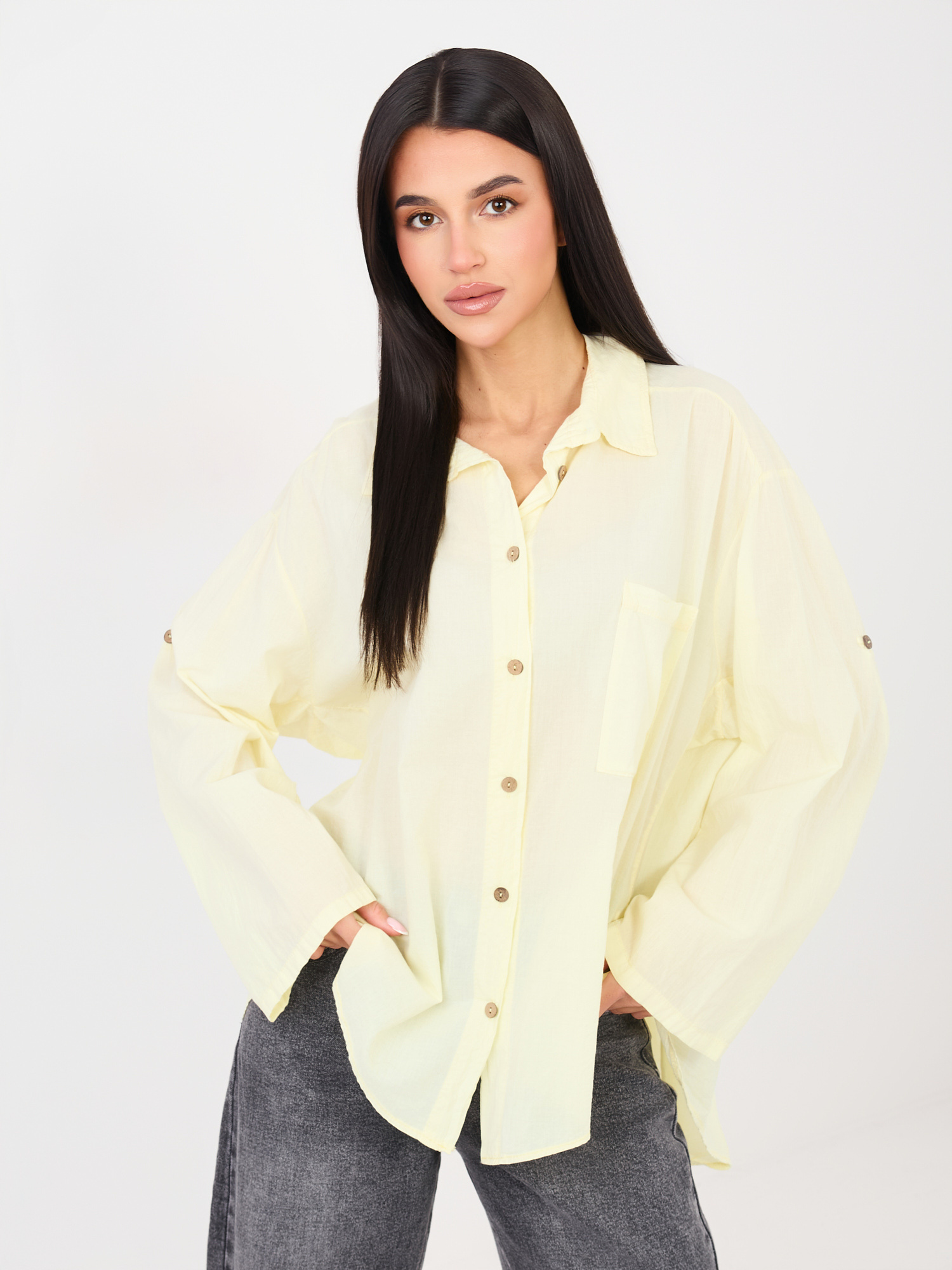 Light yellow asymmetrical shirt with a collar.