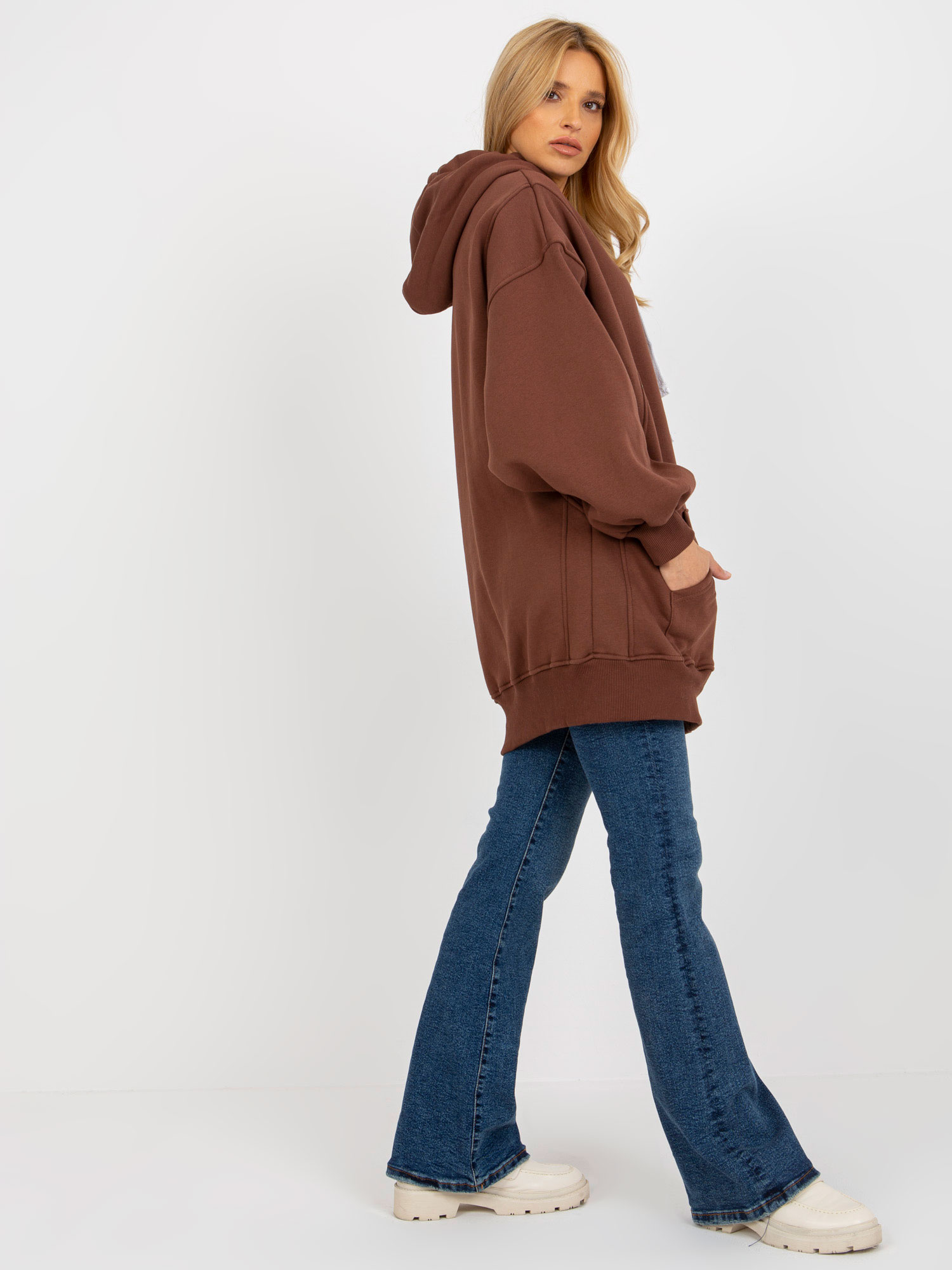 Ciemnobrązowa dresowa długa bluza basic oversize z kapturem