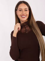 Brązowy prążkowany sweter z koronką 