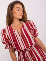 Hurt Bordowa midi sukienka z printem i ściągaczem