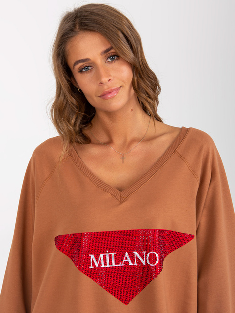 Hurt Jasnobrązowa długa bluza oversize z aplikacją i napisem