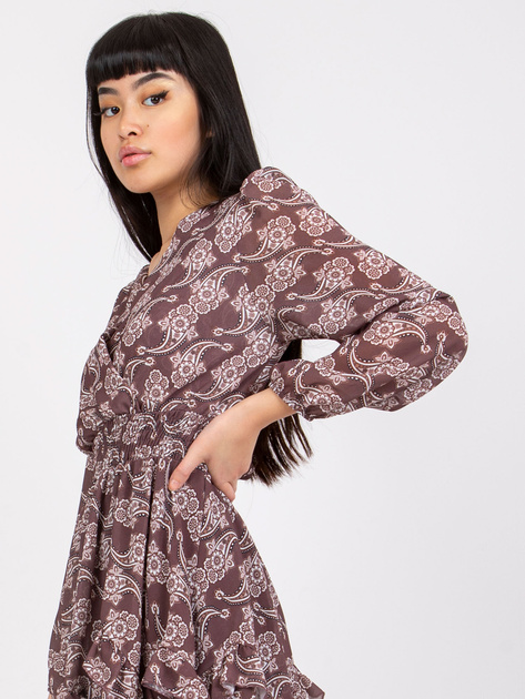 Brązowa wzorzysta sukienka z falbaną Kim OCH BELLA