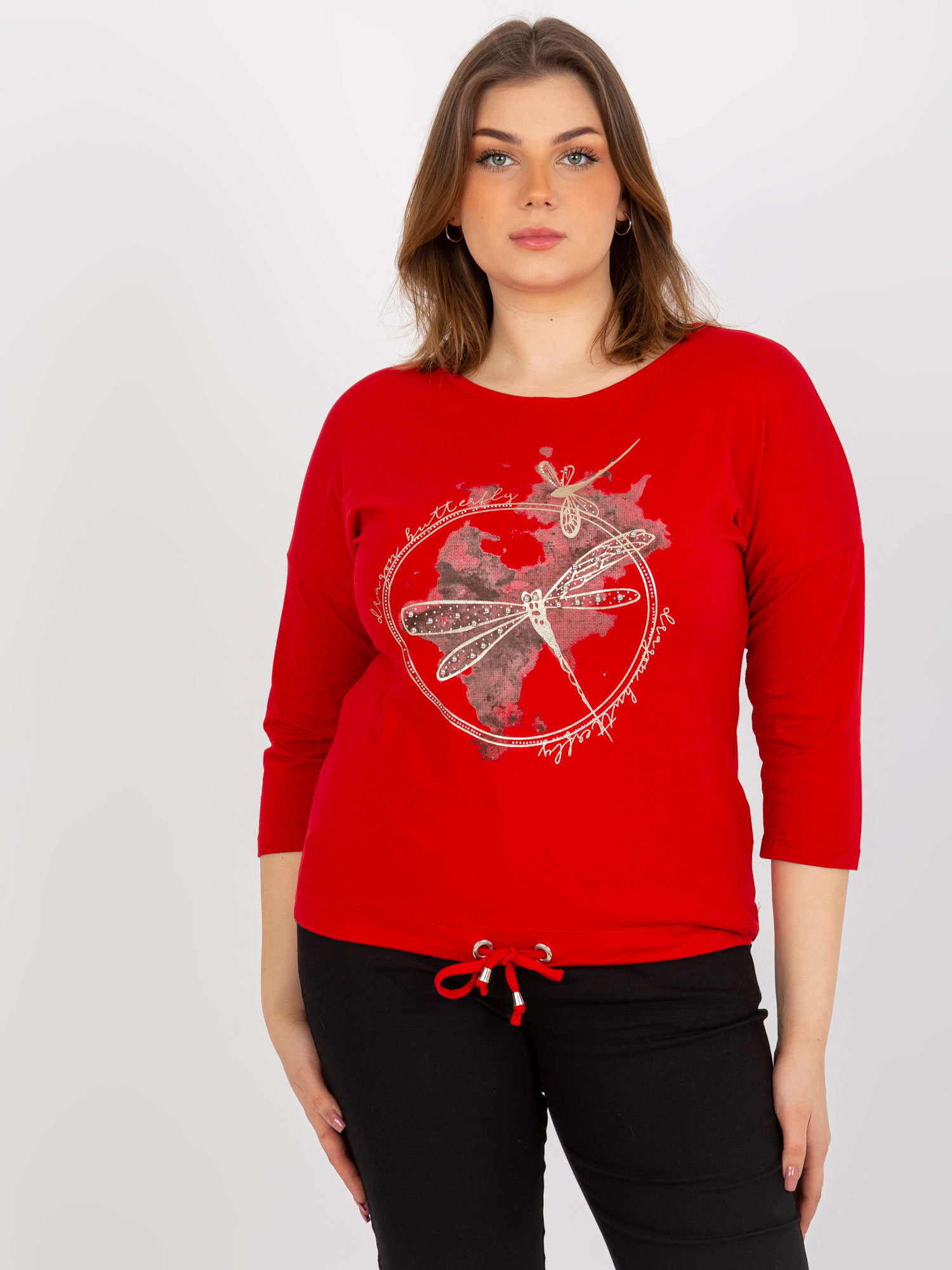 Hurt Red plus size blouse with 3/4 sleeves and print.