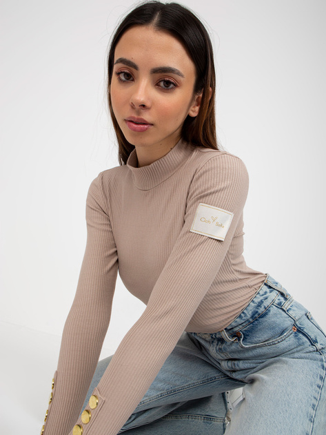 Hurt Beżowa damska bluzka z półgolfem w prążek OCH BELLA