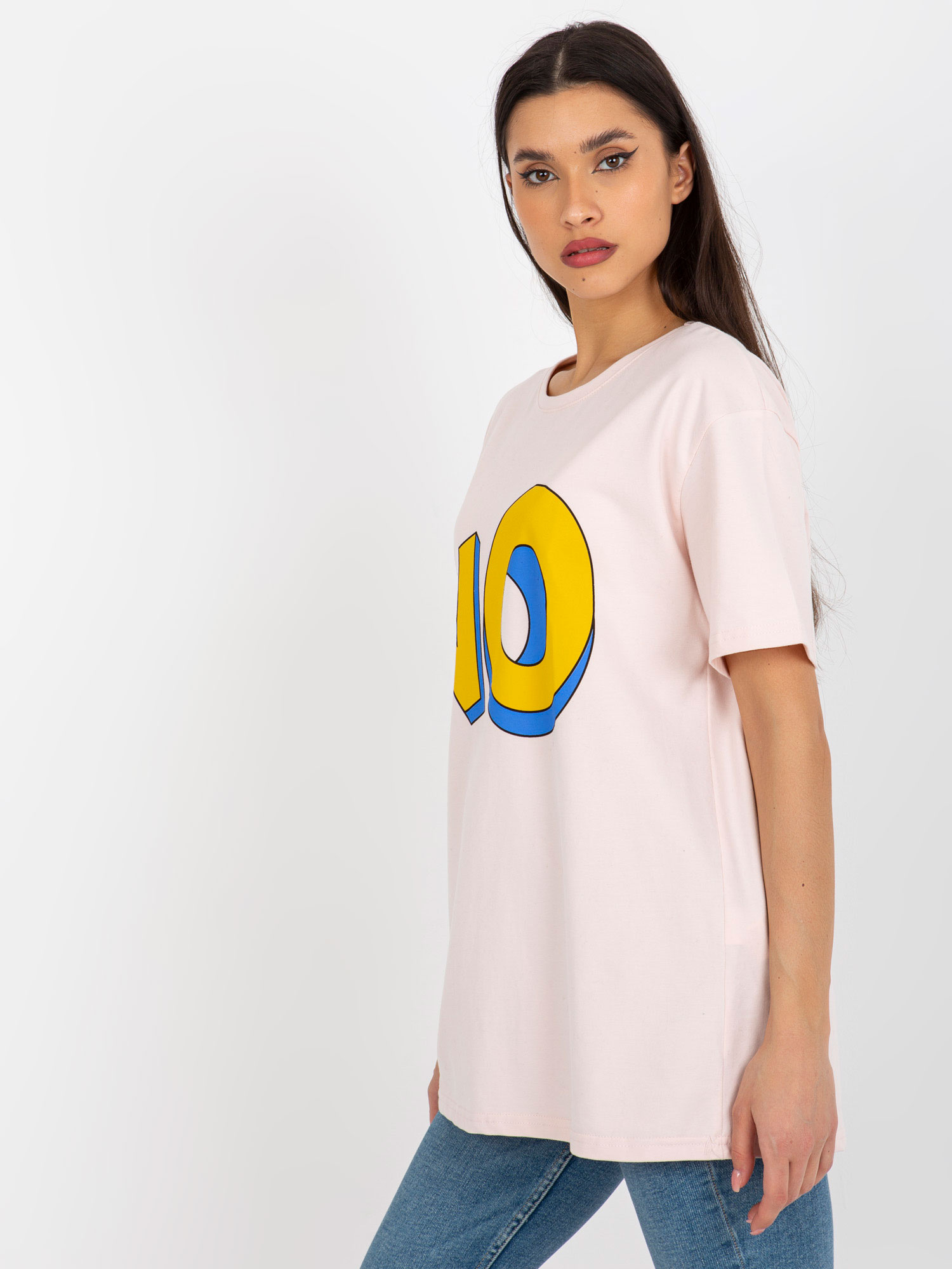 Jasnoróżowy bawełniany t-shirt z nadrukiem
