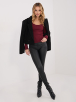 Bordowa krótka bluzka basic z długim rękawem