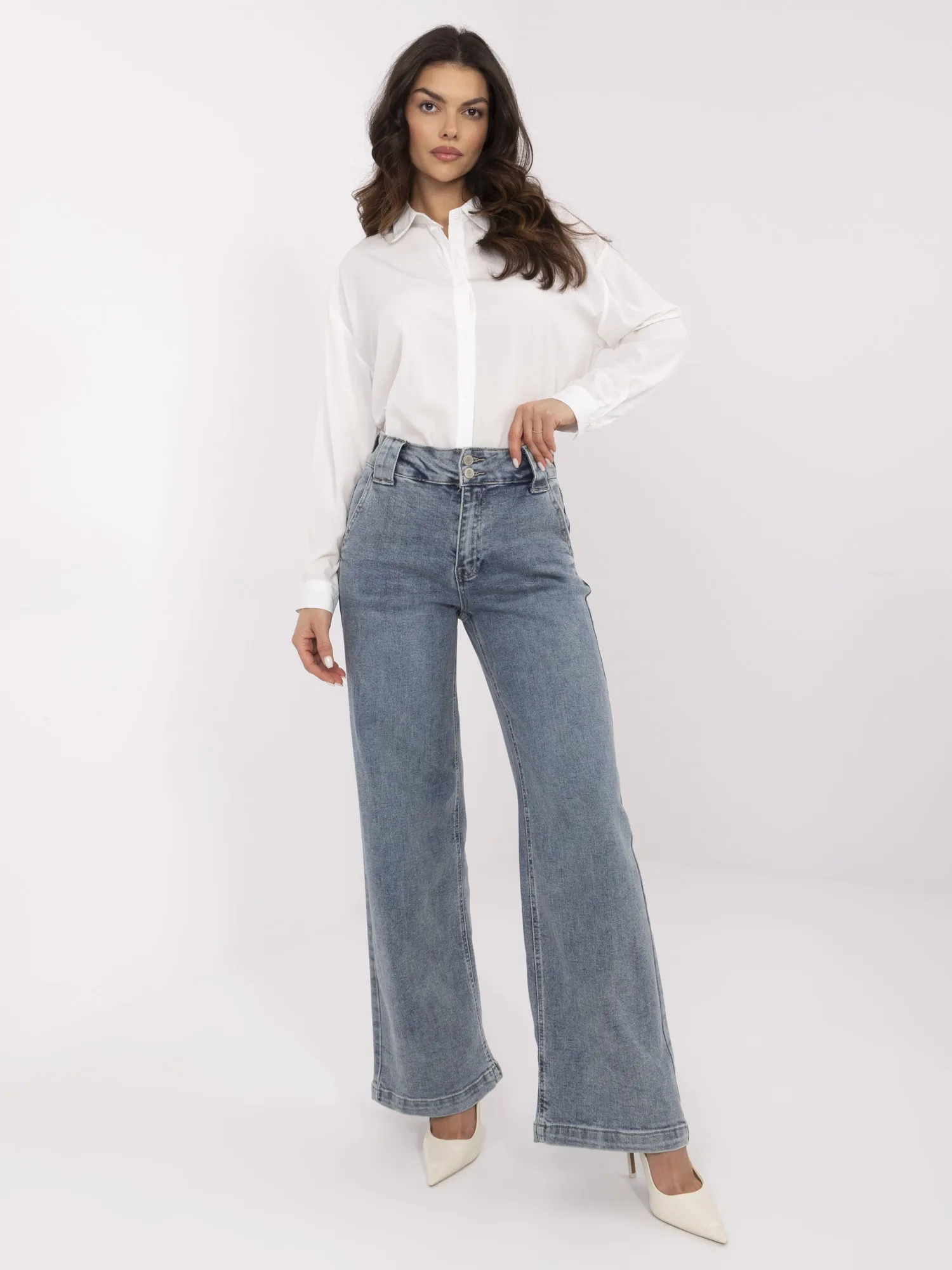 Blue long women's dad fit jeans.