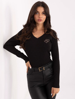 Czarna prążkowana bluzka z haftem RUE PARIS