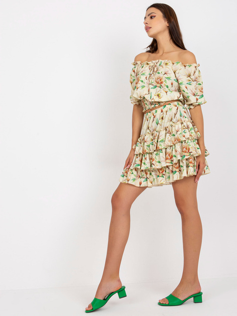 Żółto-bordowy dwuczęściowy komplet letni z mini spódnicą