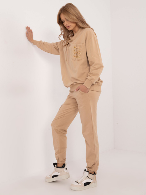 Hurt Camelowy dresowy komplet ze spodniami cargo
