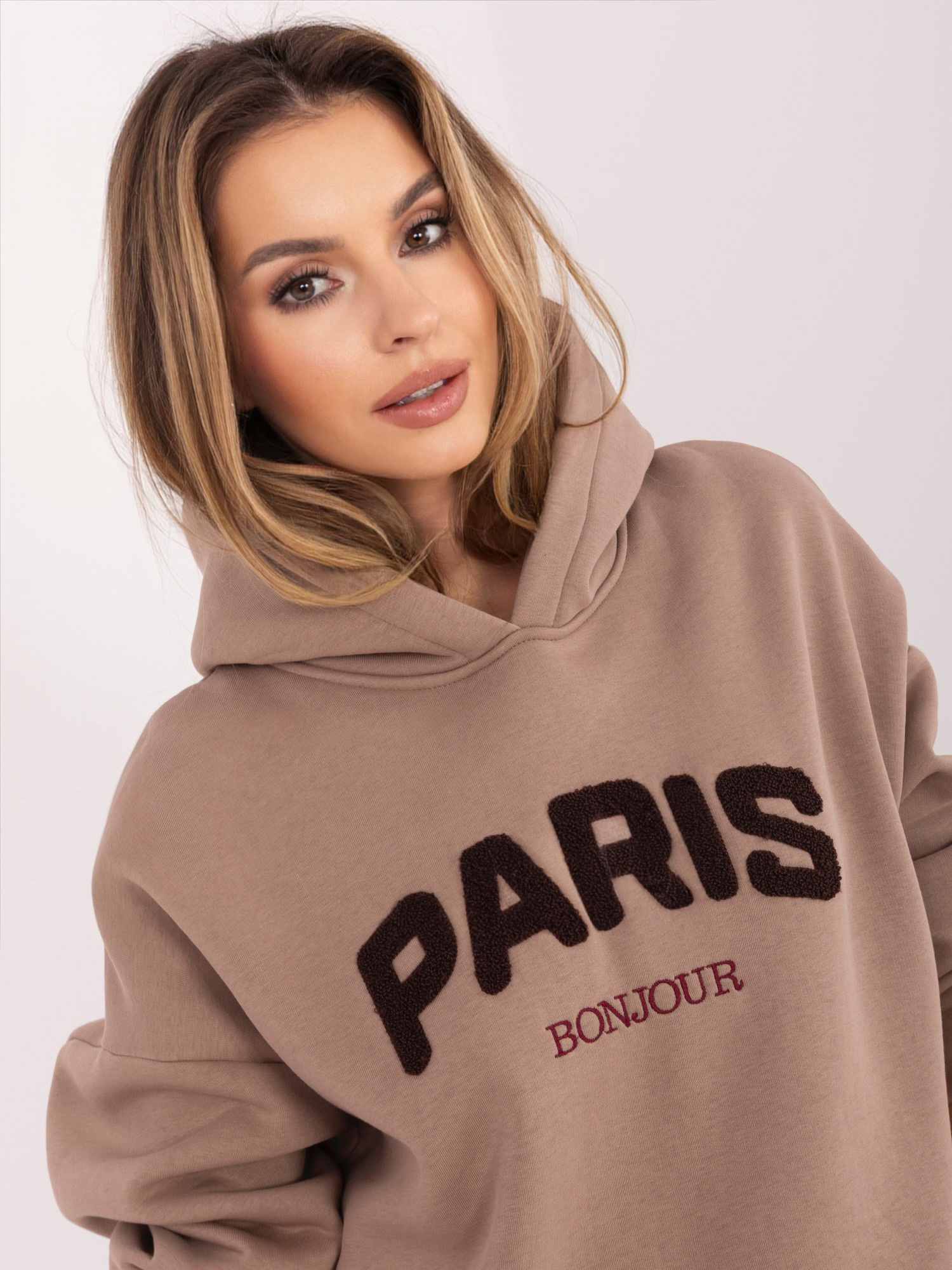 Ciemnobeżowa dresowa bluza z kapturem RUE PARIS 