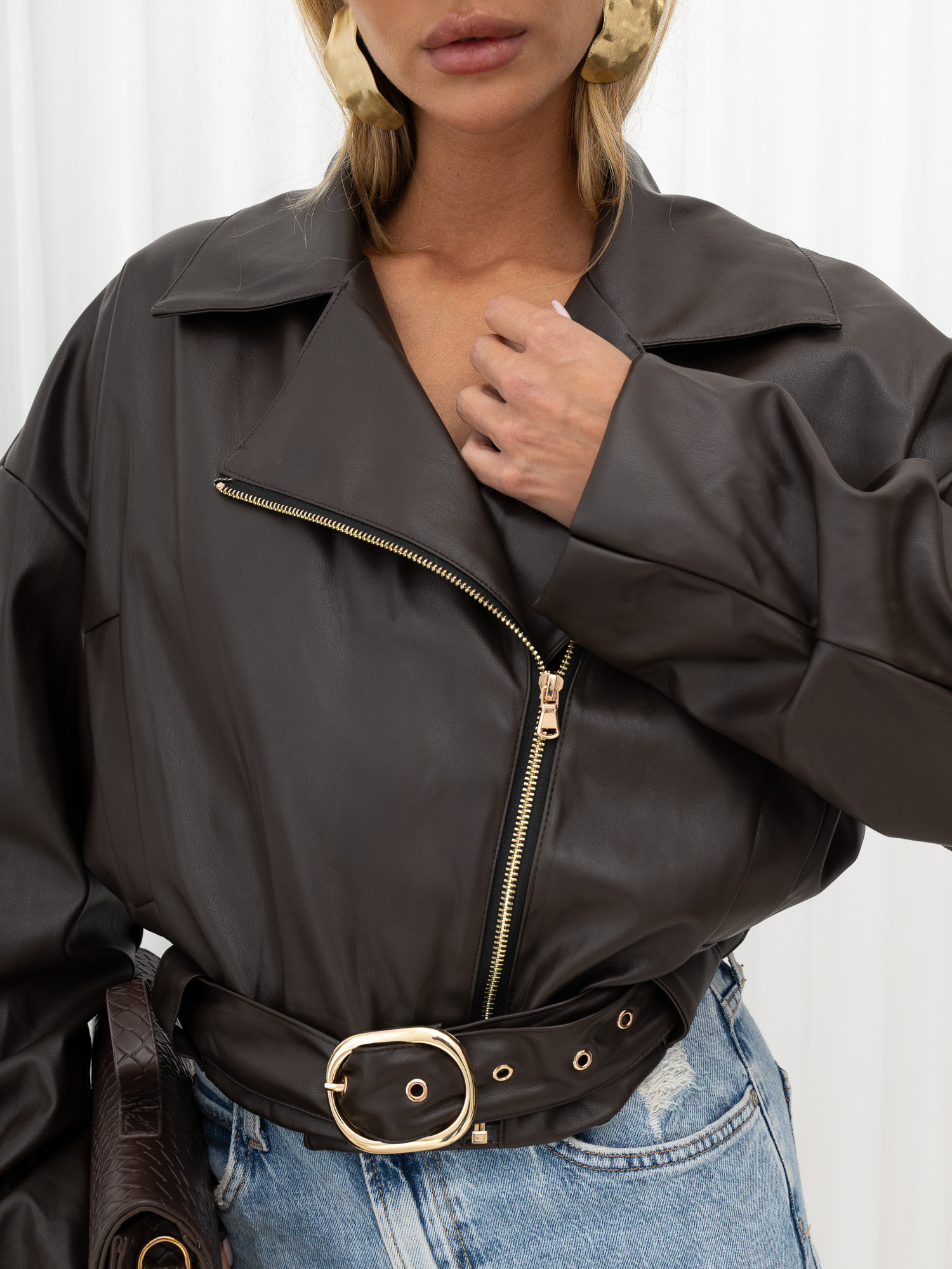 Chocolate faux leather biker jacket with belt RUE PARIS.