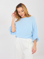 Pastelowy niebieski sweter z falbankami przy rękawach