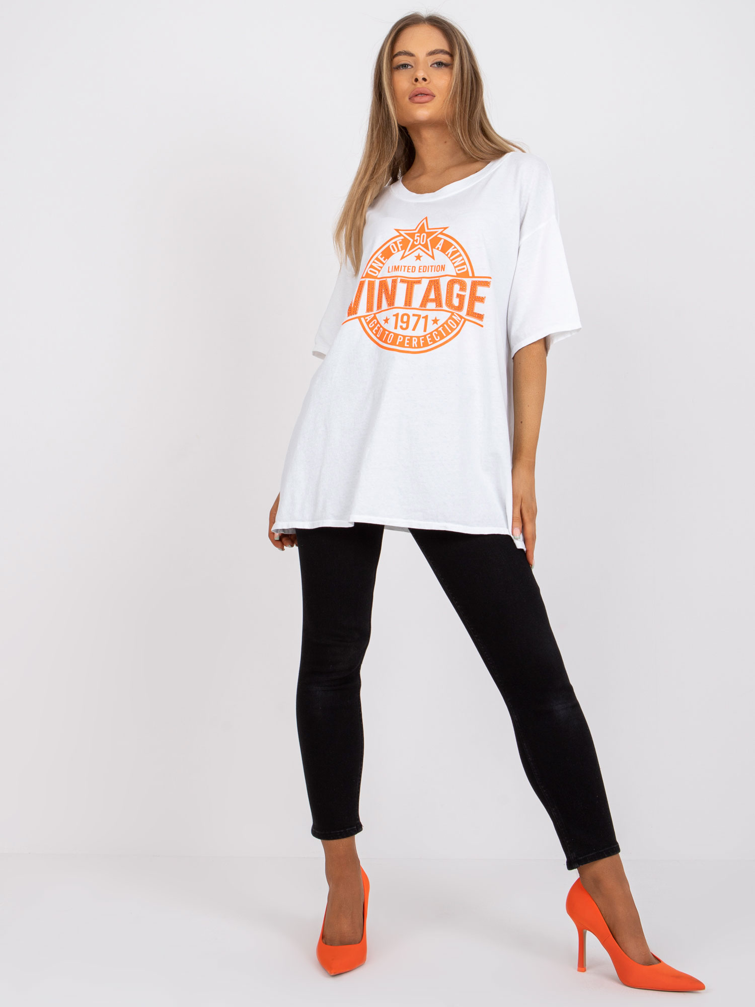 White and orange cotton t-shirt with applique
