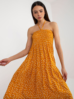 Wholesale Yellow midi dress with polka dots and frill.