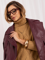 Hurt Camelowy ażurowy sweter z golfem o kroju ovrsize RUE PARIS