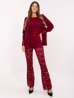 Bordowe koronkowe spodnie z wysokim stanem