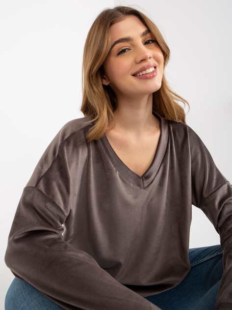 Hurt Ciemnoszara welurowa bluza bez kaptura z dekoltem V